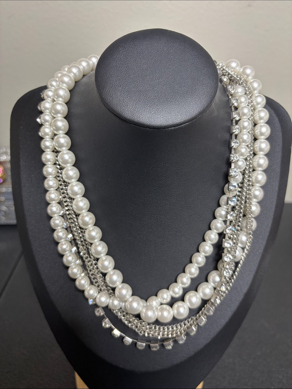 Multi-Strand Faux Pearl & Rhinestone Necklace - White/Silver Statement